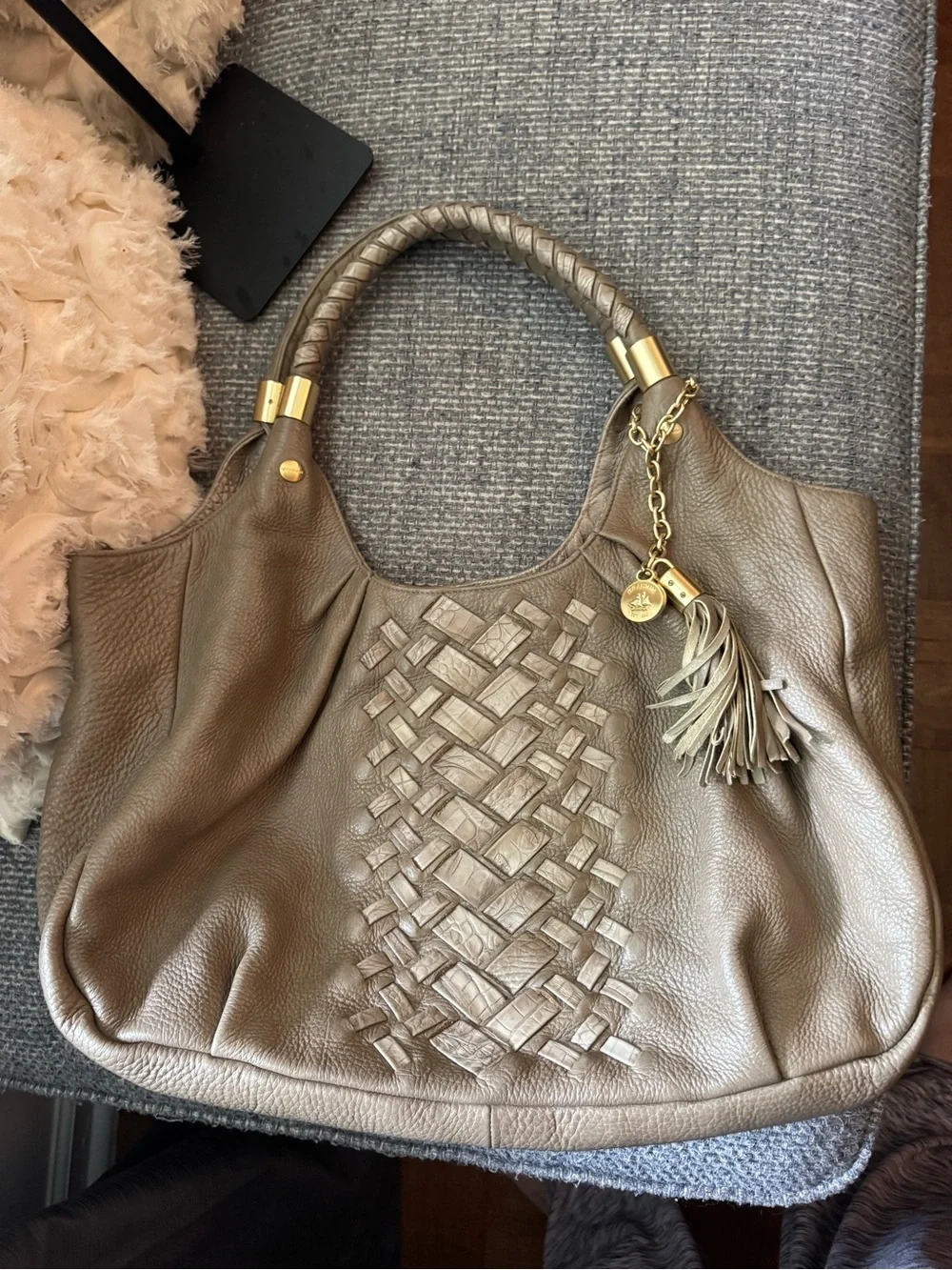 Brahmin Dreamweaver Taupe Leather Satchel with Woven Patchwork & Braided Accent